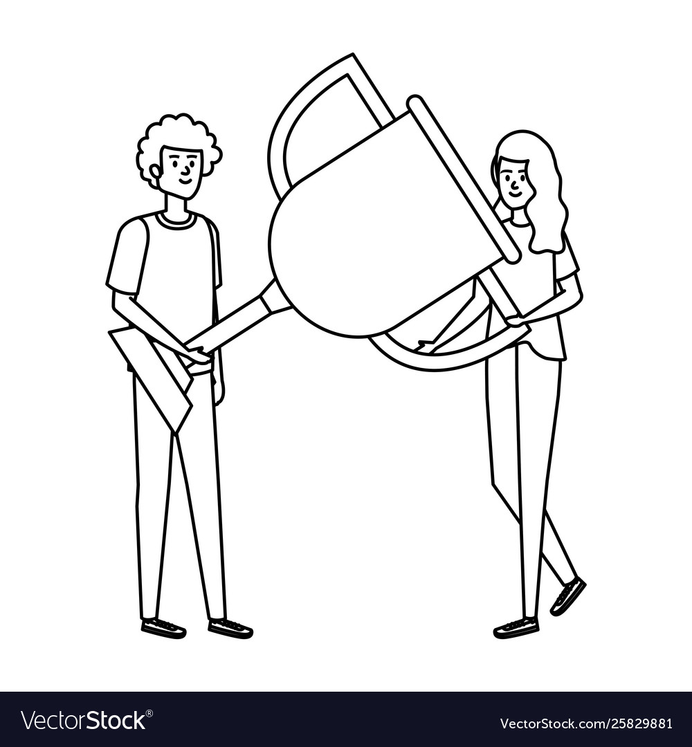 Young couple lifting trophy cup award vector image Young couple lifting trophy cup award