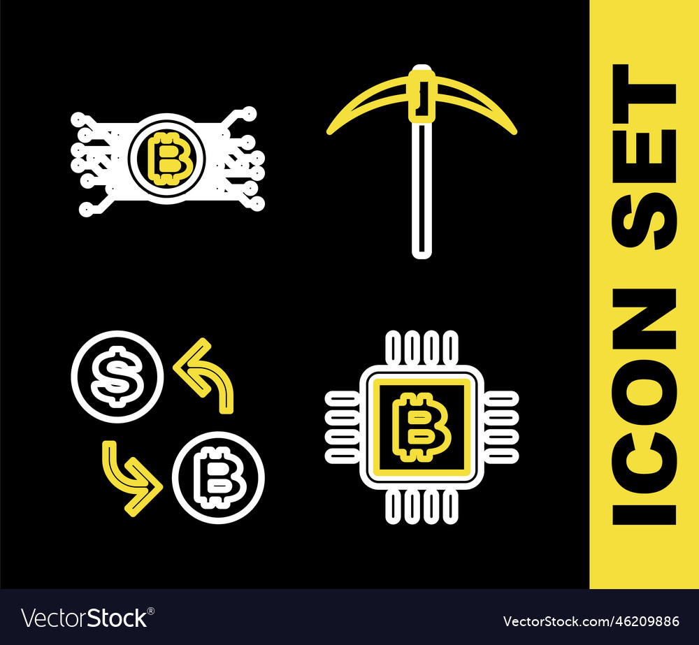 Set line pickaxe cpu mining farm processor chip vector image Set line pickaxe cpu mining farm processor chip