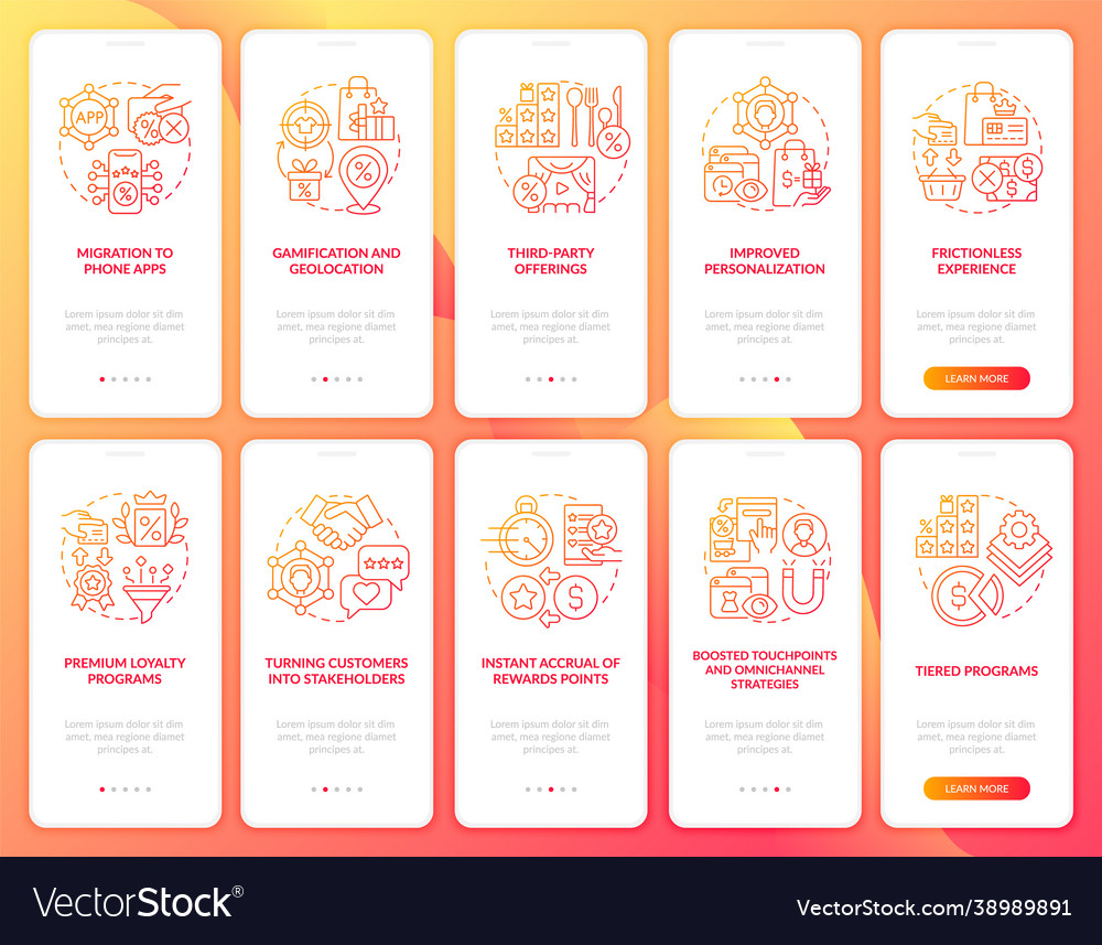 Customers reward system red gradient onboarding vector image Customers reward system red gradient onboarding