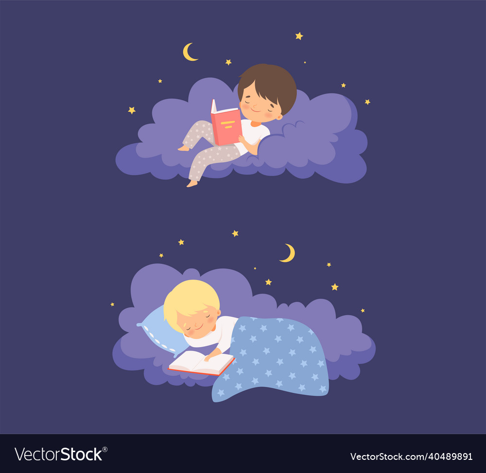 Cute little boy lying on soft cloud at night