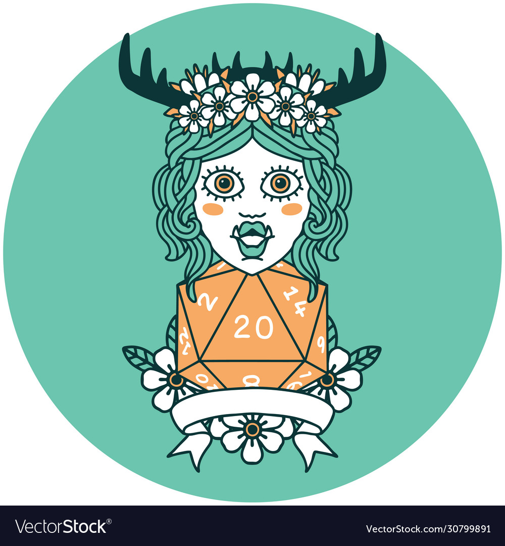 Orc druid character with natural twenty dice roll