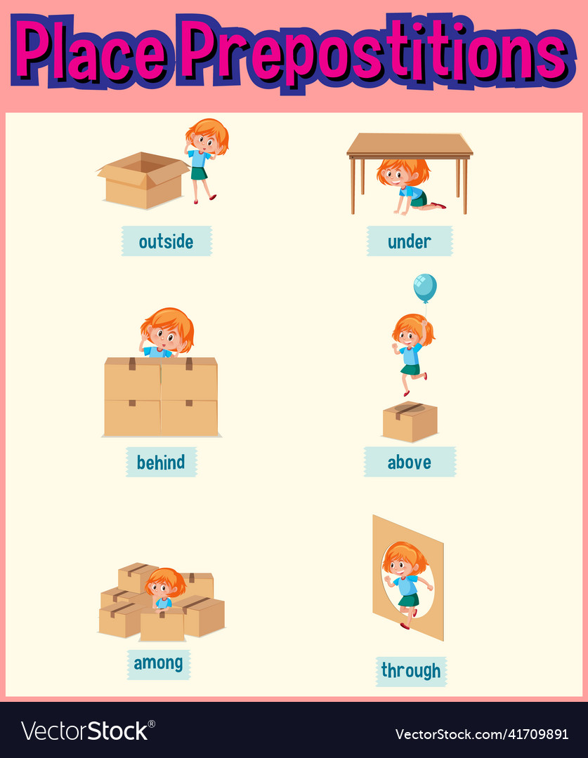 Prepostion wordcard design with girl and boxes Vector Image