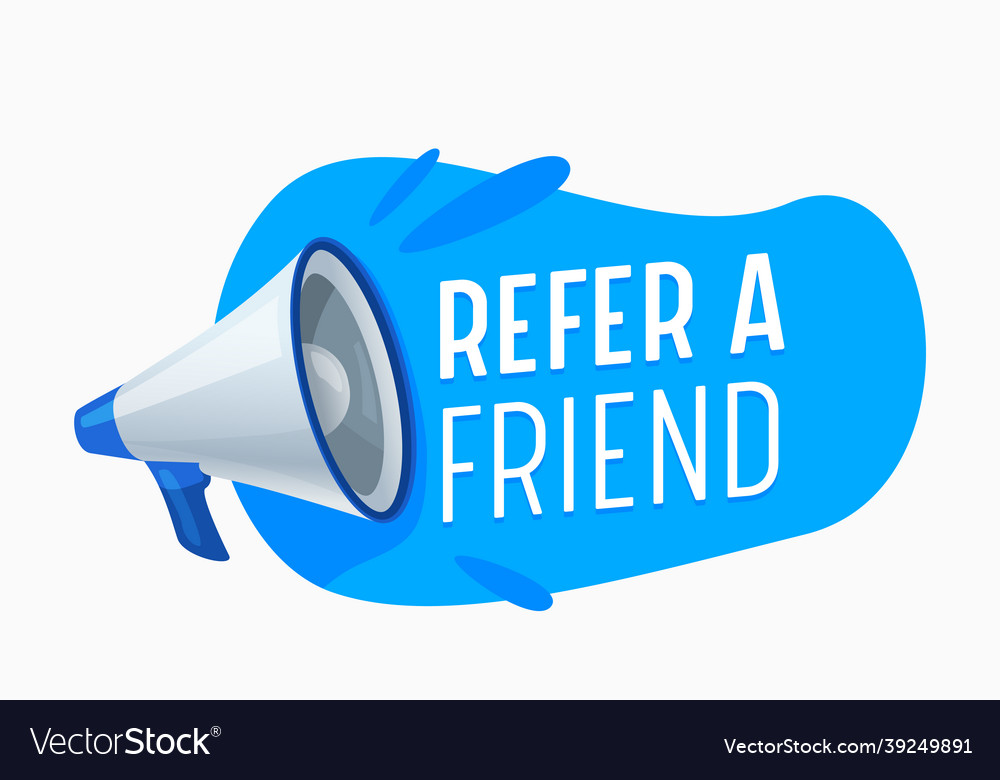 Refer a friend banner with megaphone and blue spot