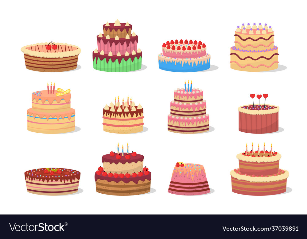 Set tasty desserts birthday cakes with candles vector image Set tasty desserts birthday cakes with candles