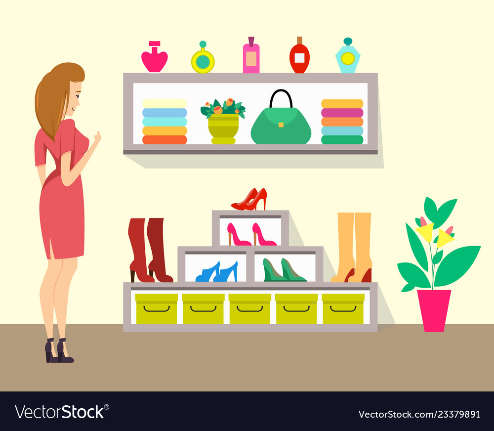 Woman choosing boots in store ladies shop Vector Image