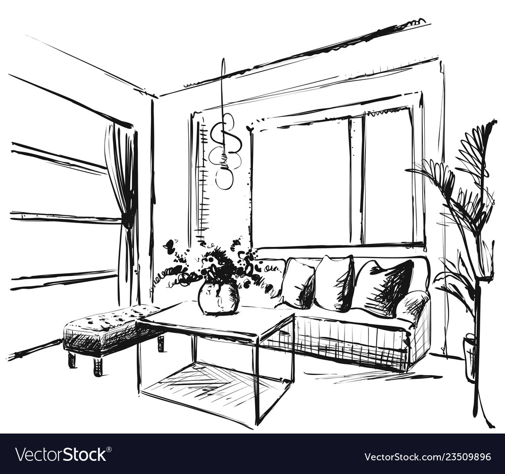 Living Room Graphic Black White Interior Sketch Vector Image