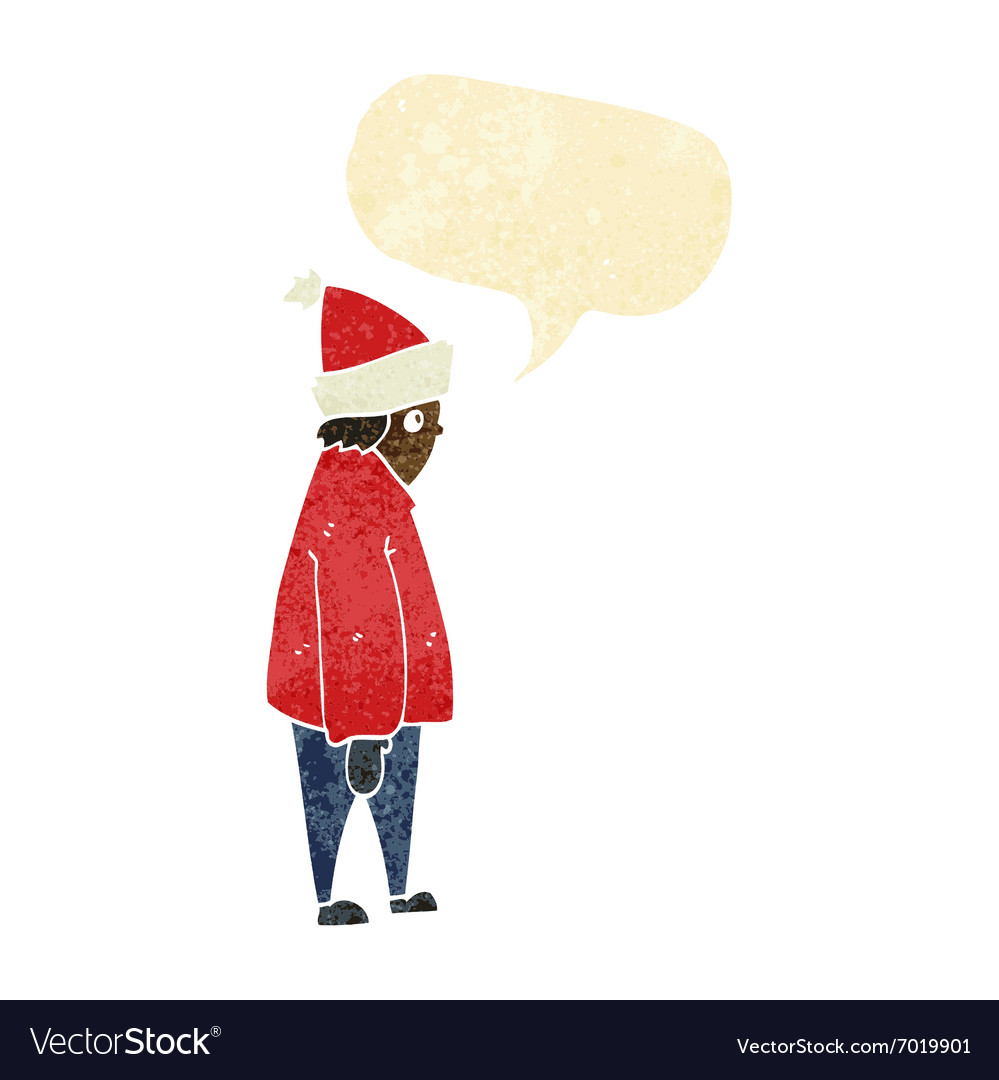 Cartoon person in winter clothes with speech