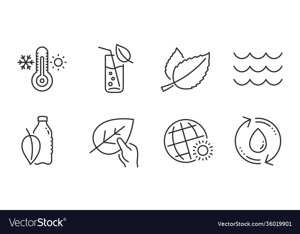 Thermometer water bottle and waves icons set