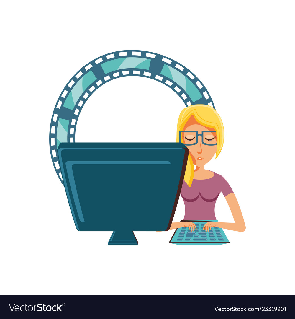 Woman with desktop computer and video tape