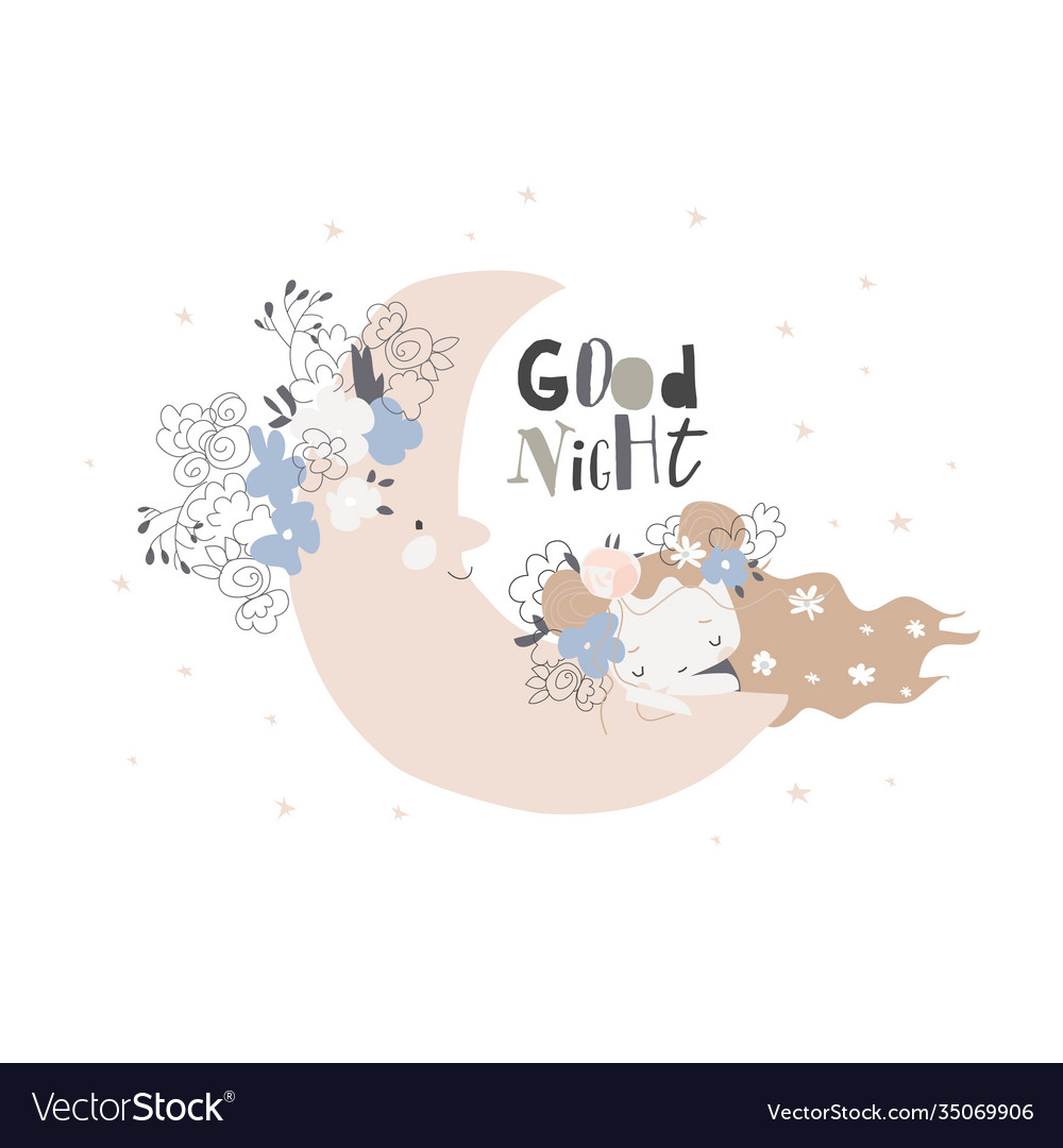 Cute girl sleeping on moon among stars