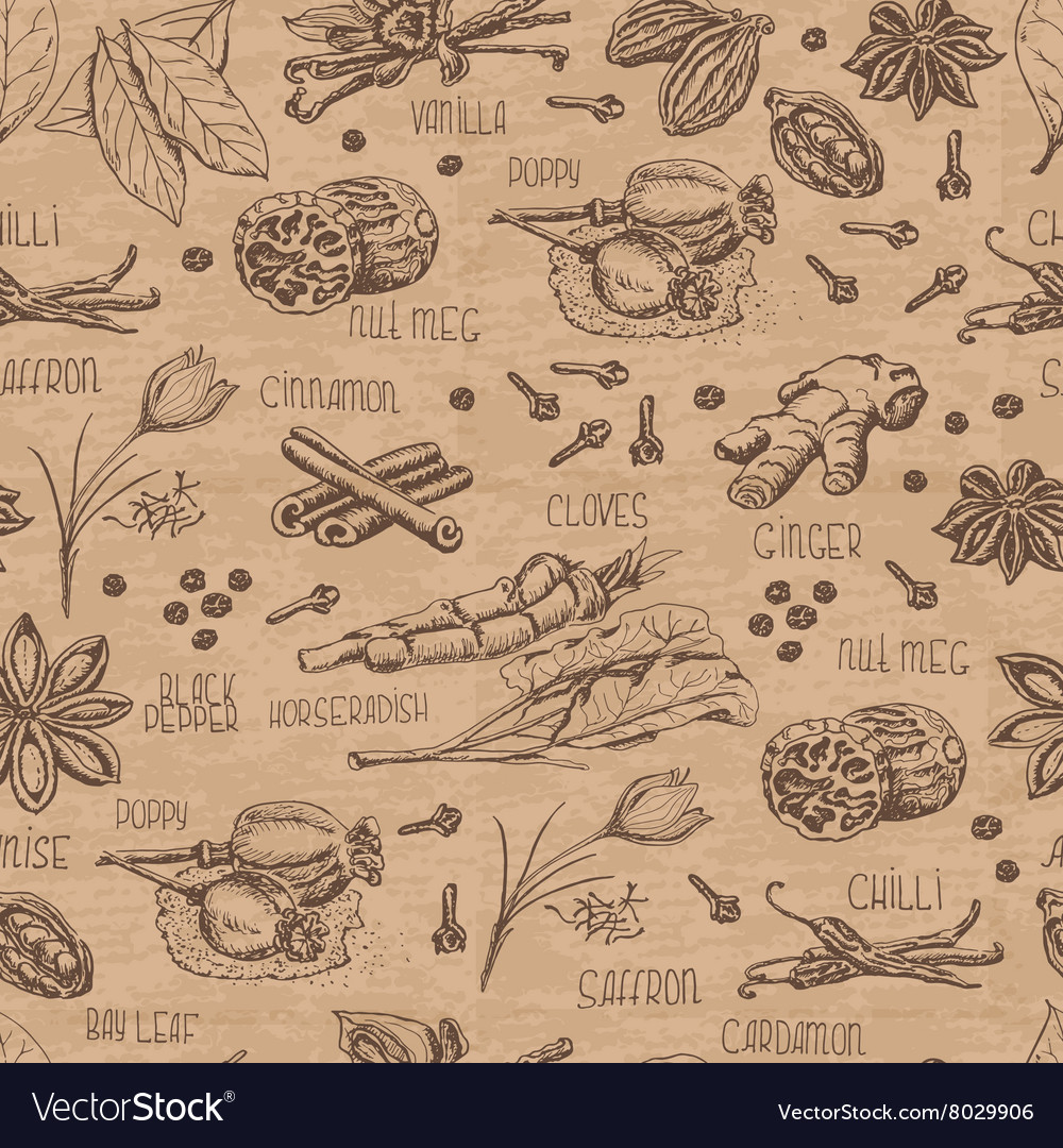Seamless pattern with spices on a beige background