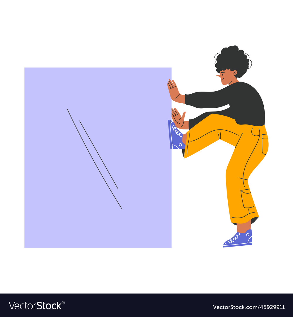 Man character pushing big blue rectangle shape vector image Man character pushing big blue rectangle shape