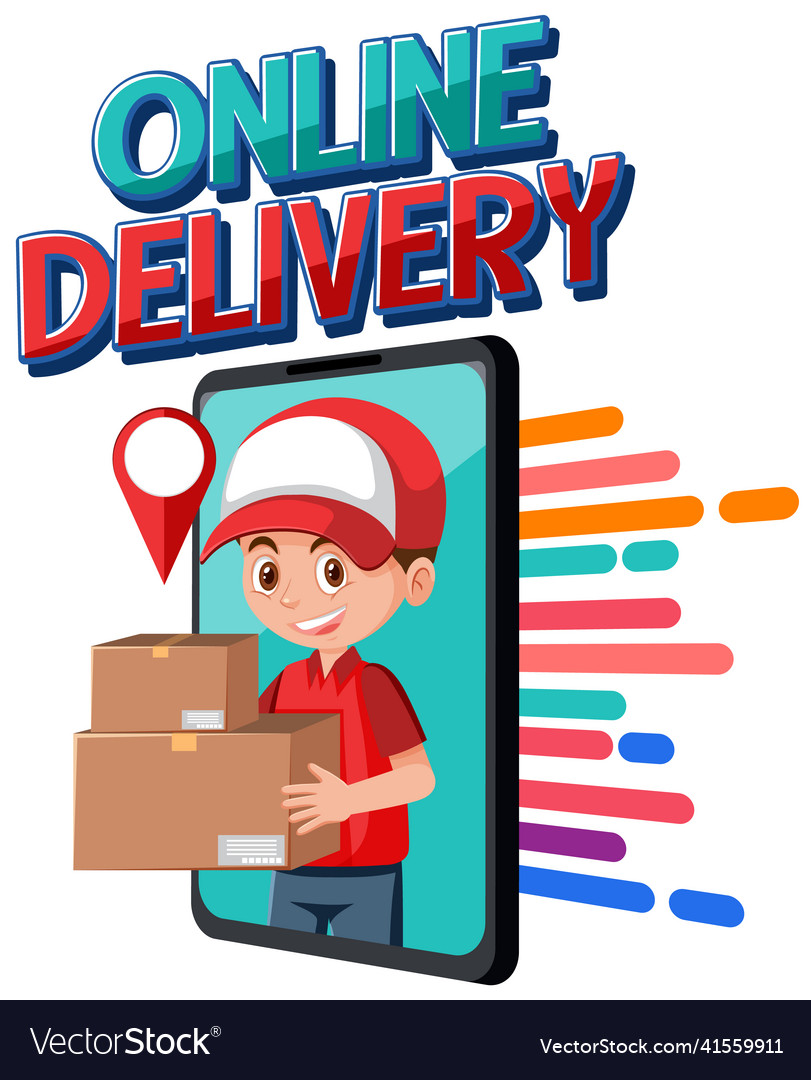 Online delivery logo with courier in smartphone Vector Image