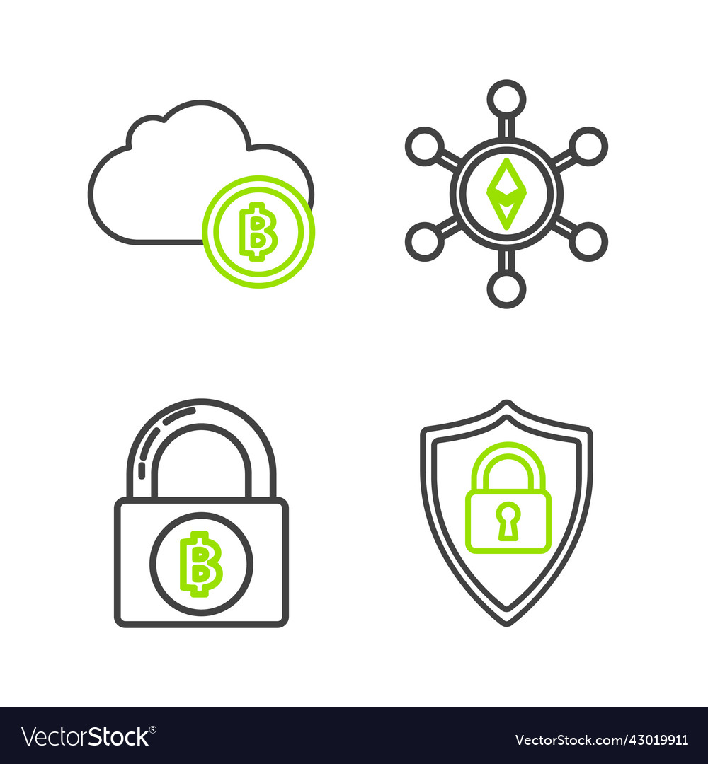 Set line shield security with lock bitcoin vector image Set line shield security with lock bitcoin