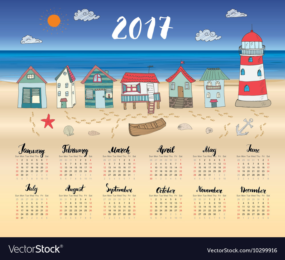 Calendar 2017 year one sheet hand drawn beach huts
