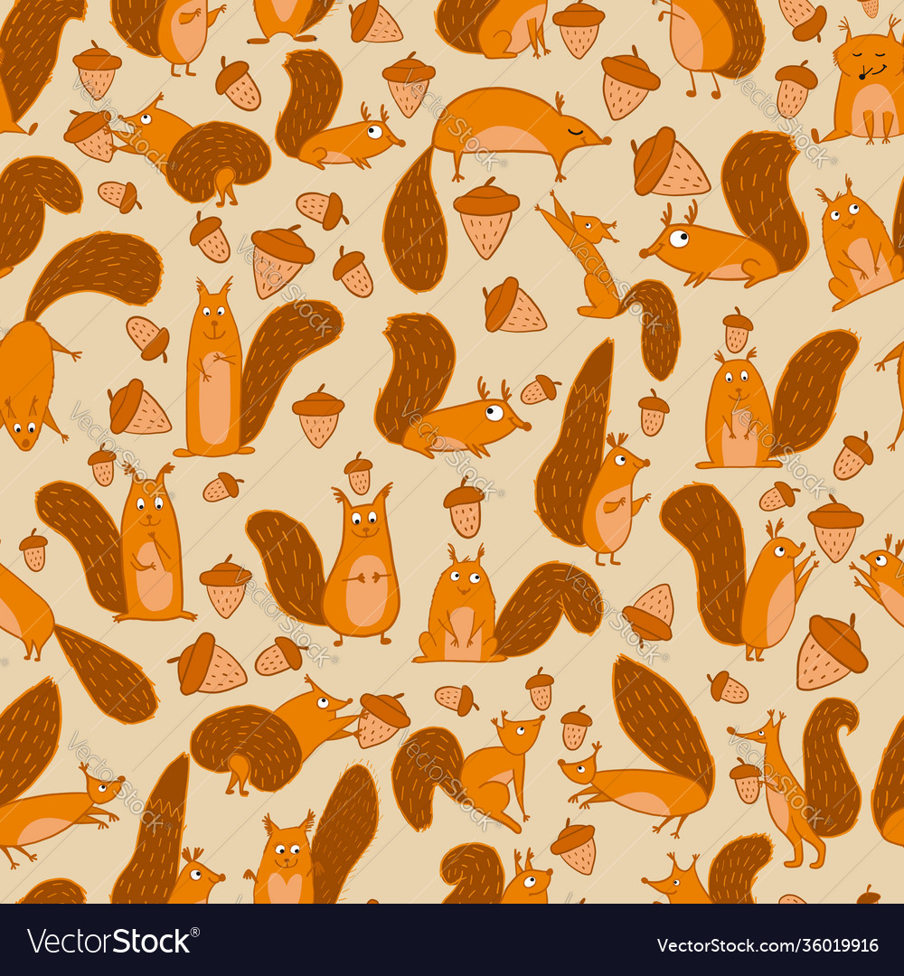 Funny squirrels with nut seamless pattern vector image Funny squirrels with nut seamless pattern