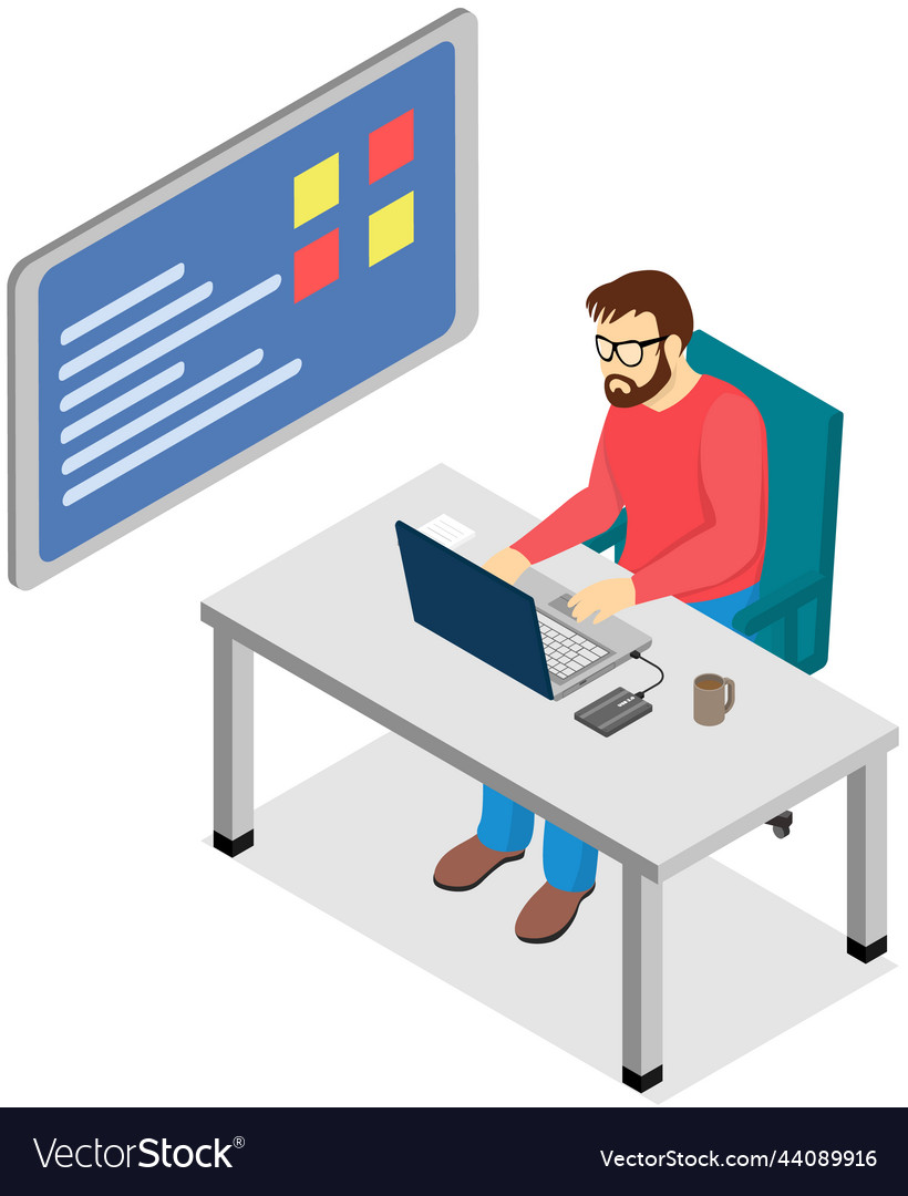 Man working at office with computer workplace vector image Man working at office with computer workplace