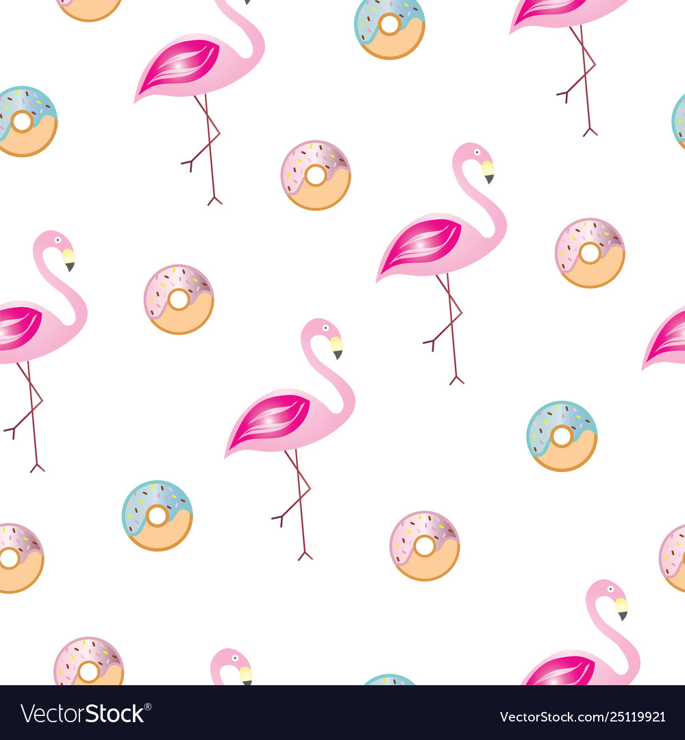 Seamless pattern with flamingos and donuts