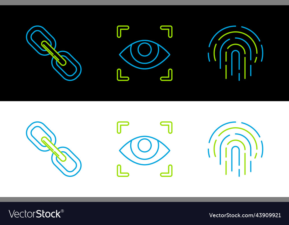 Set line fingerprint chain link and eye scan icon vector image Set line fingerprint chain link and eye scan icon