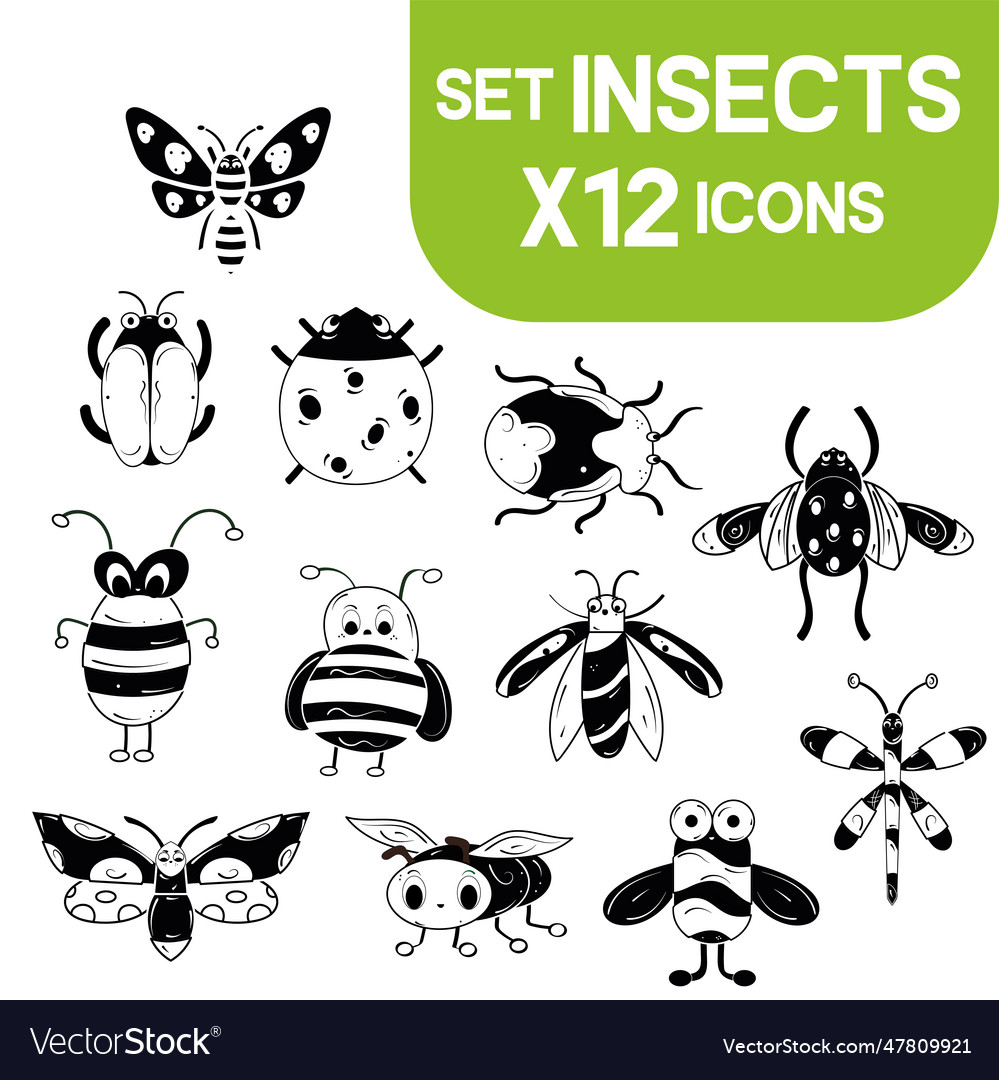 Set of cute insect sketch characters