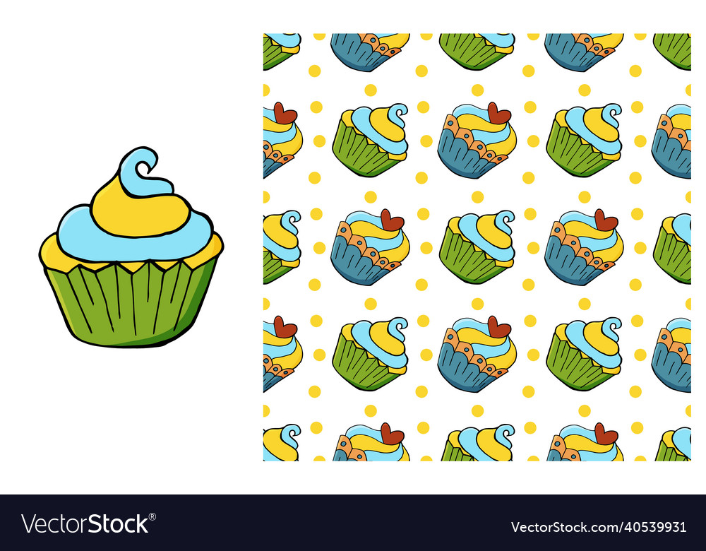 Cupcake muffin set of element and seamless pattern vector image Cupcake muffin set of element and seamless pattern