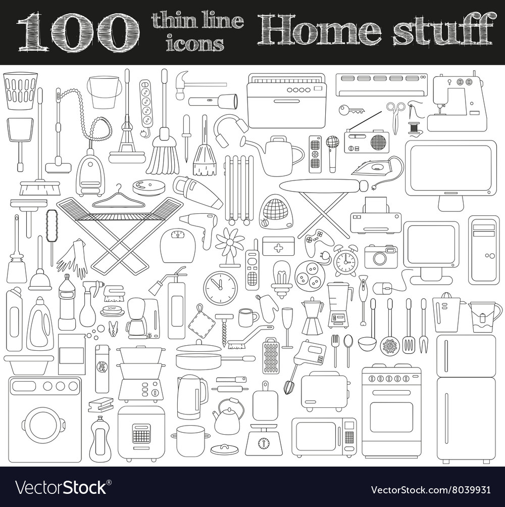 Home stuff icons set of 100 objects in thin line