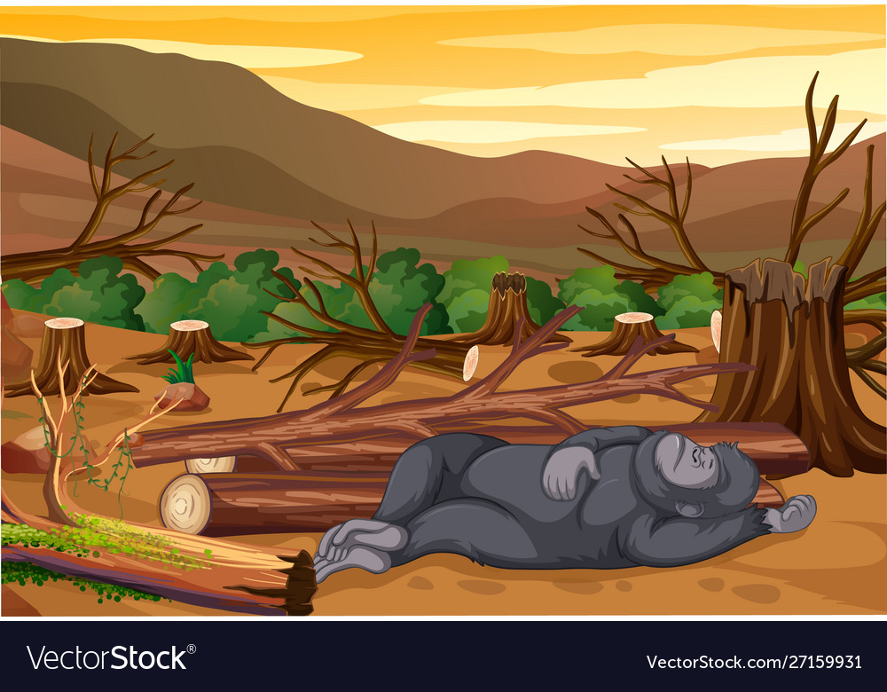 Scene with dying monkey and deforestation