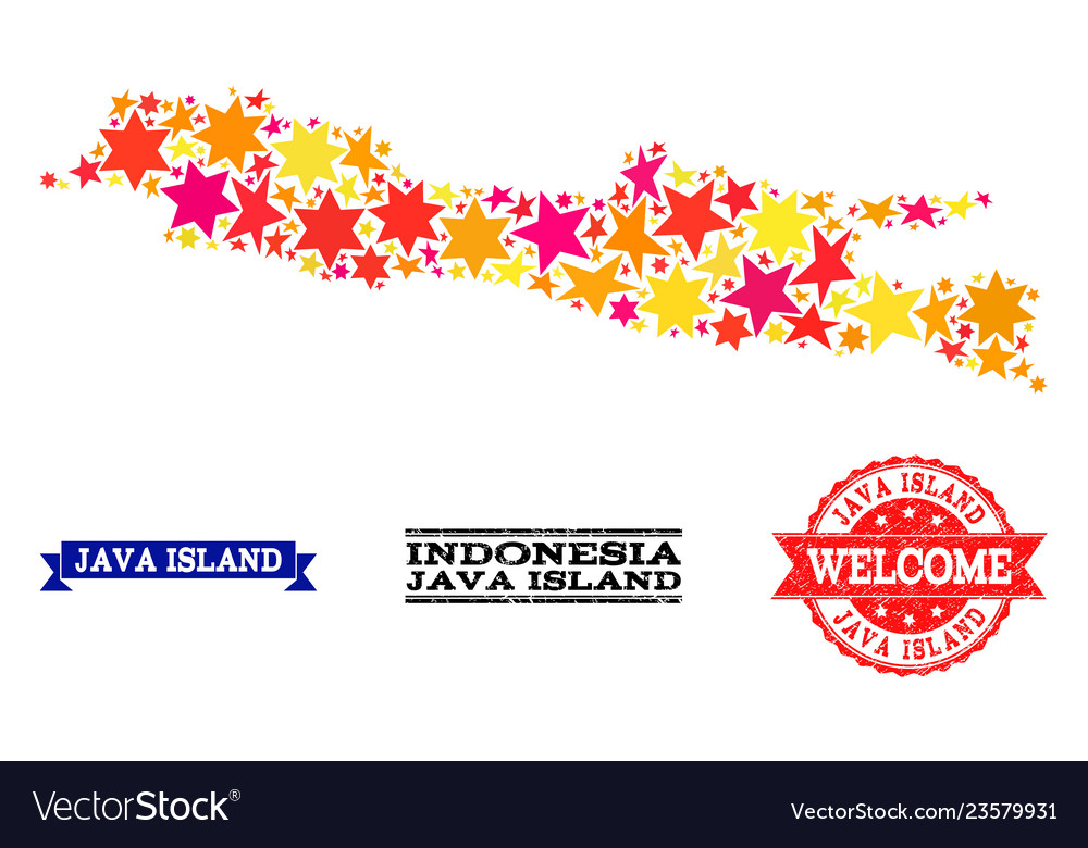 Star mosaic map of java island and rubber vector image Star mosaic map of java island and rubber