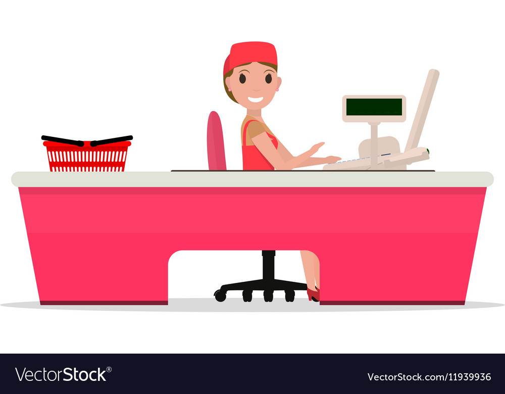 Cartoon girl sitting behind cash register