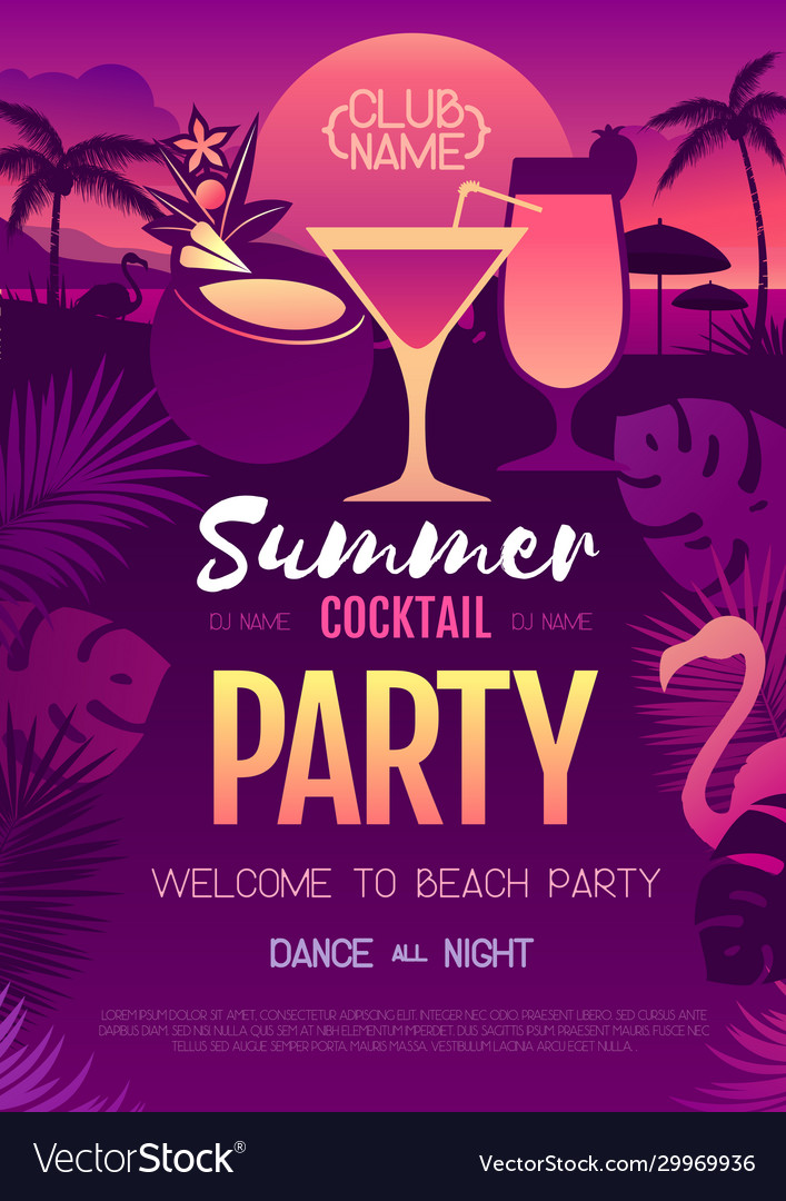 Colorful summer cocktail disco party poster Vector Image