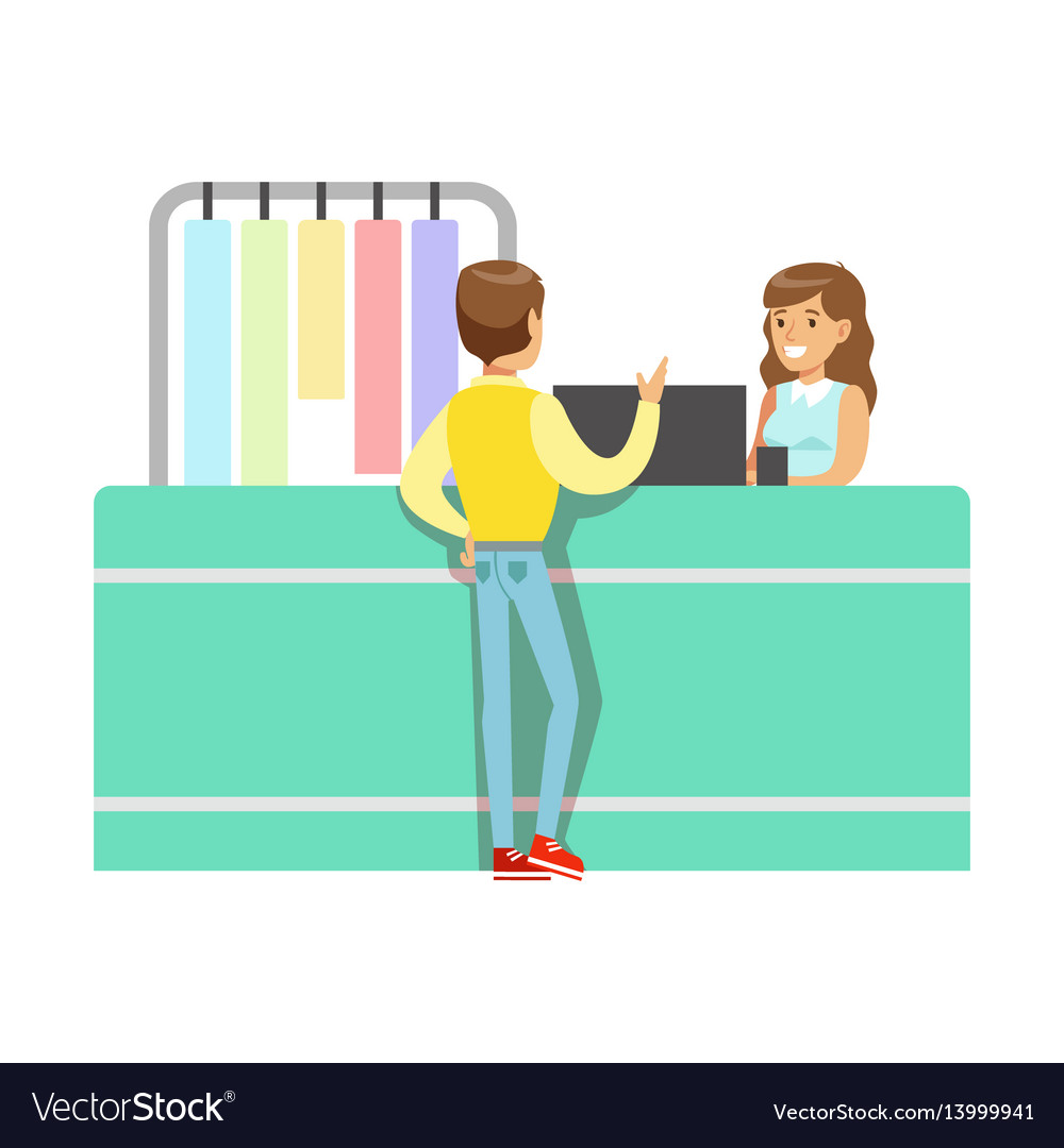 Client and worker at dry-cleaning counter part