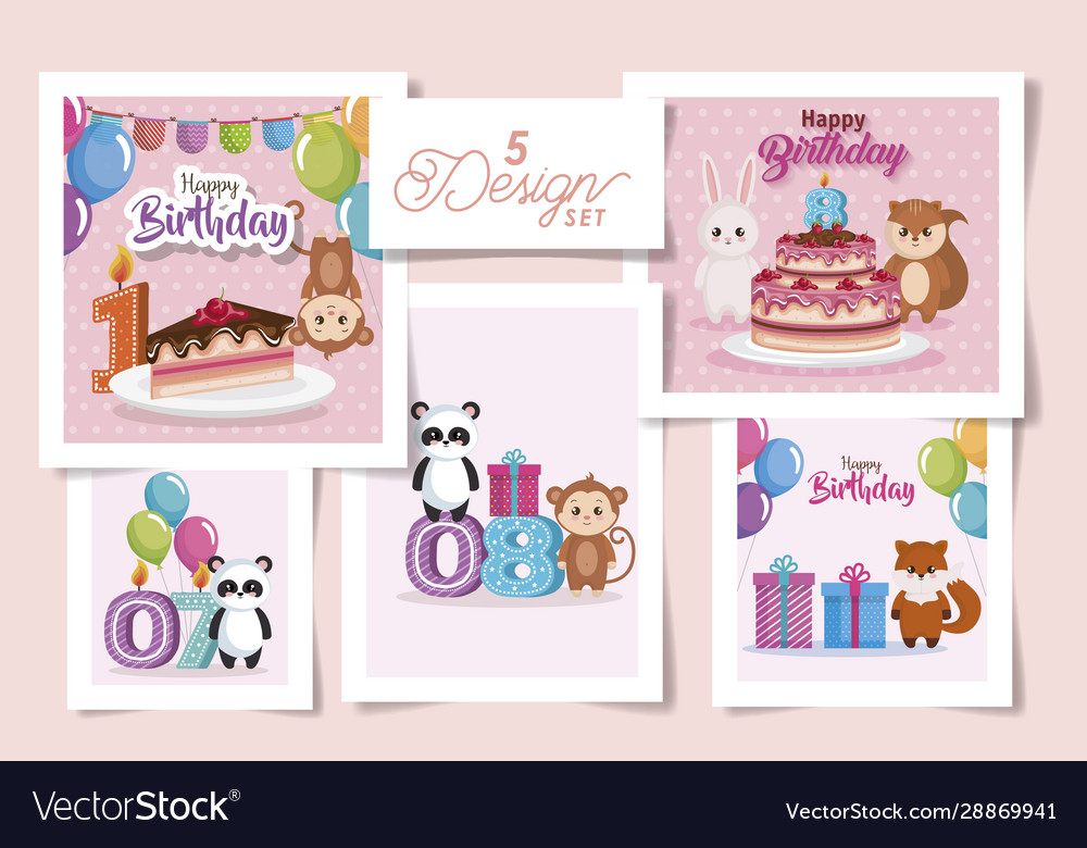 Five designs cards happy birthday and cute Vector Image