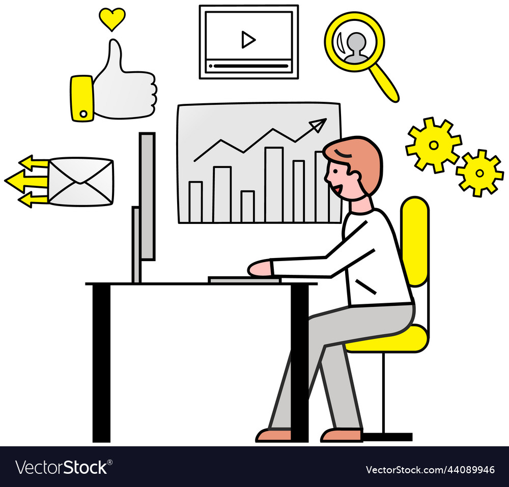 Man works with statistical indicators analyzes vector image Man works with statistical indicators analyzes