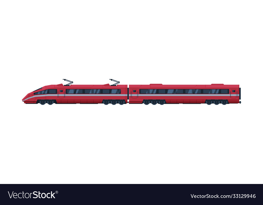 Red modern railway locomotive and passenger wagon