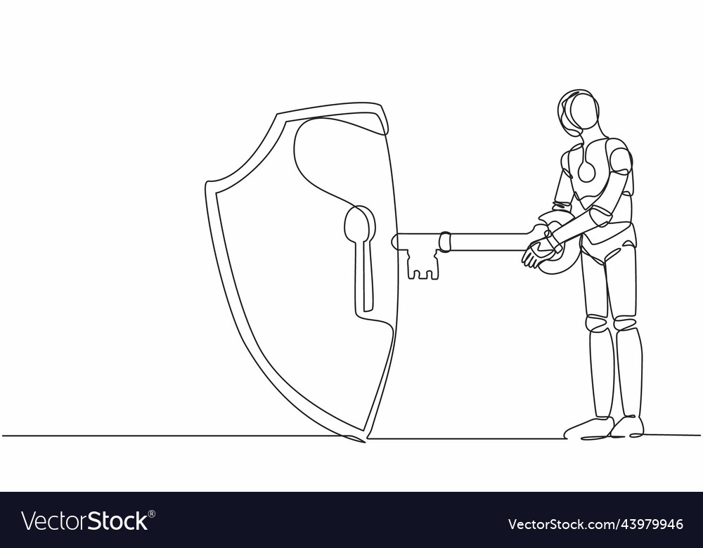 Single one line drawing robot put key into shield Vector Image Single one line drawing robot put key into shield