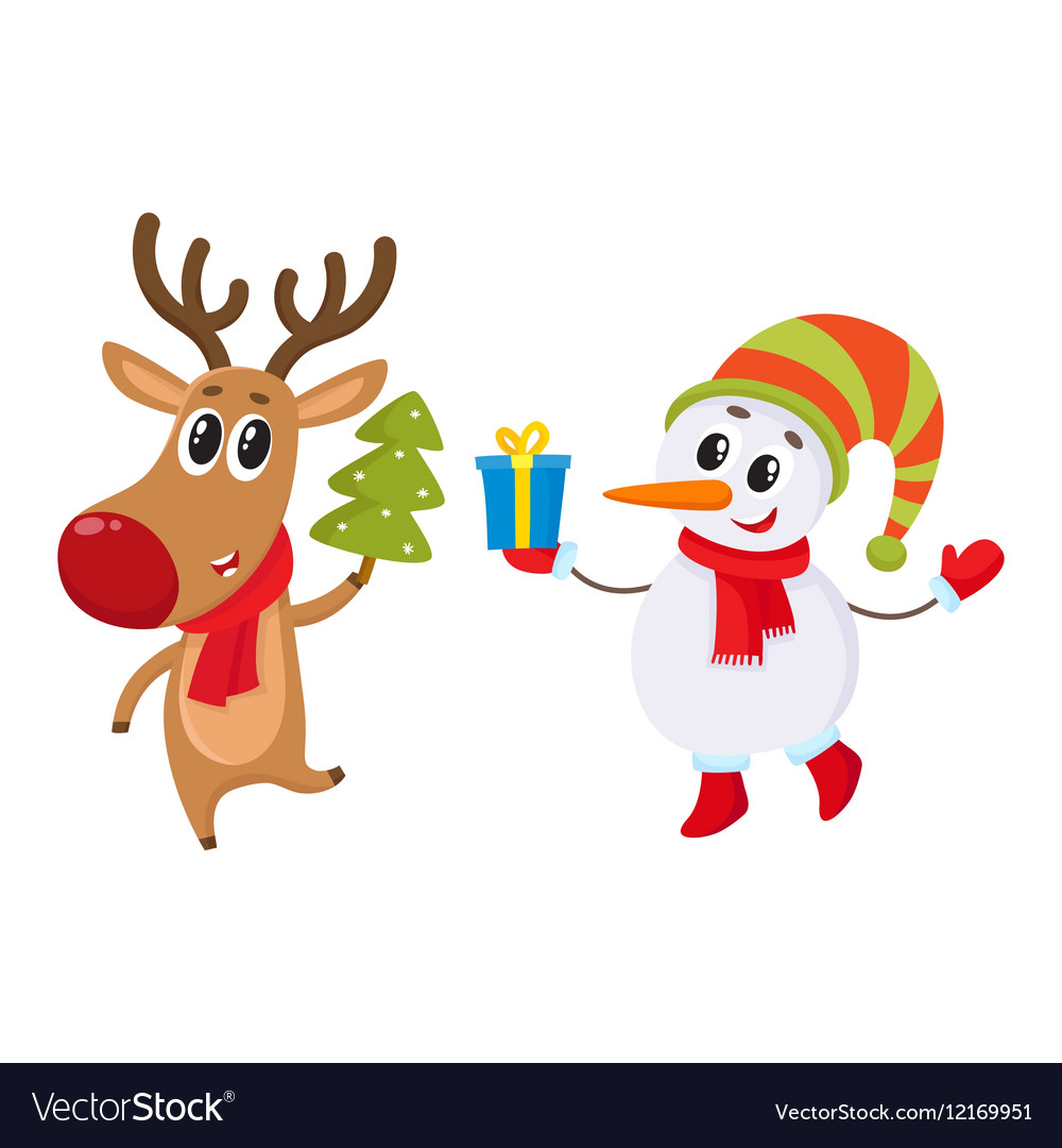 Dnowman in hat and mittens with christmas reindeer