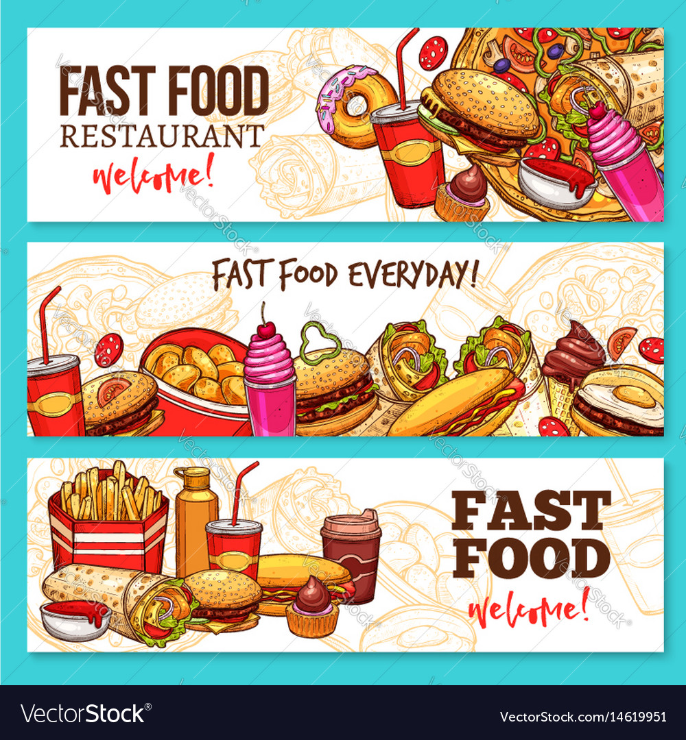 Fast Food Restaurant Sketch Banner Set Design Vector Image