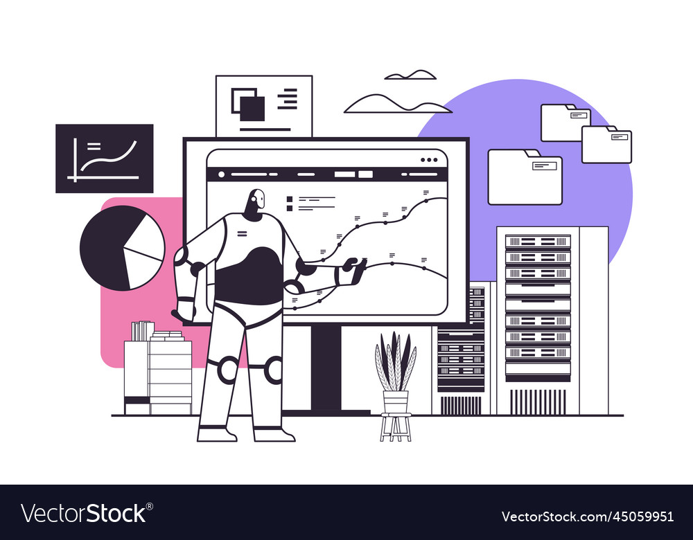 Robot monitoring financial statistics data monitor vector image Robot monitoring financial statistics data monitor
