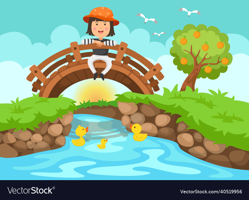 A girl sitting on wooden bridge in nature