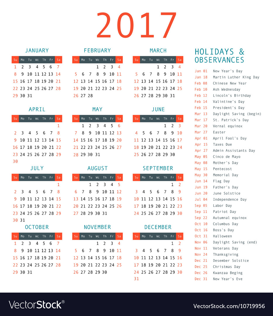 Calendar template for 2017