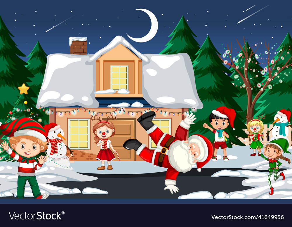 Christmas Winter Scene with Children and Santa