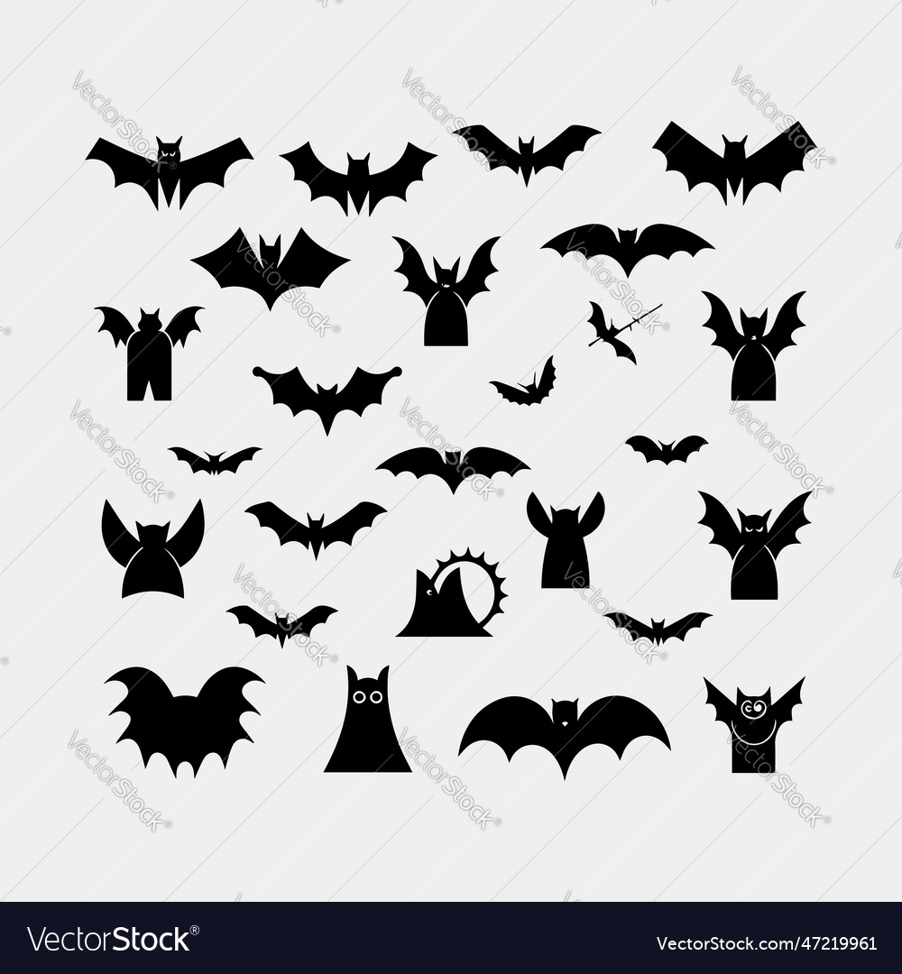 Black silhouettes of bats set isolated on white