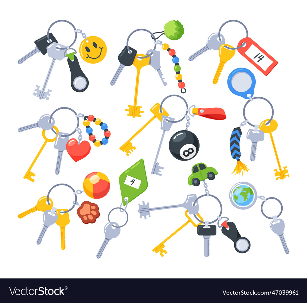 Keys and keychain isolated icons set including vector image Keys and keychain isolated icons set including
