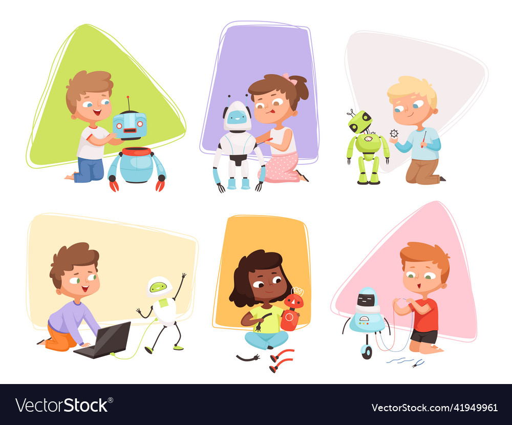 Kids and robots children programming coding smart vector image Kids and robots children programming coding smart