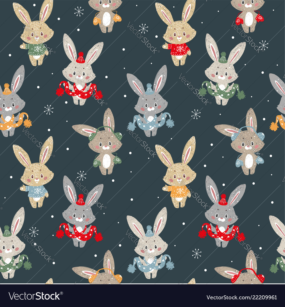 Seamless pattern with cute bunny in scarf and hat vector image Seamless pattern with cute bunny in scarf and hat