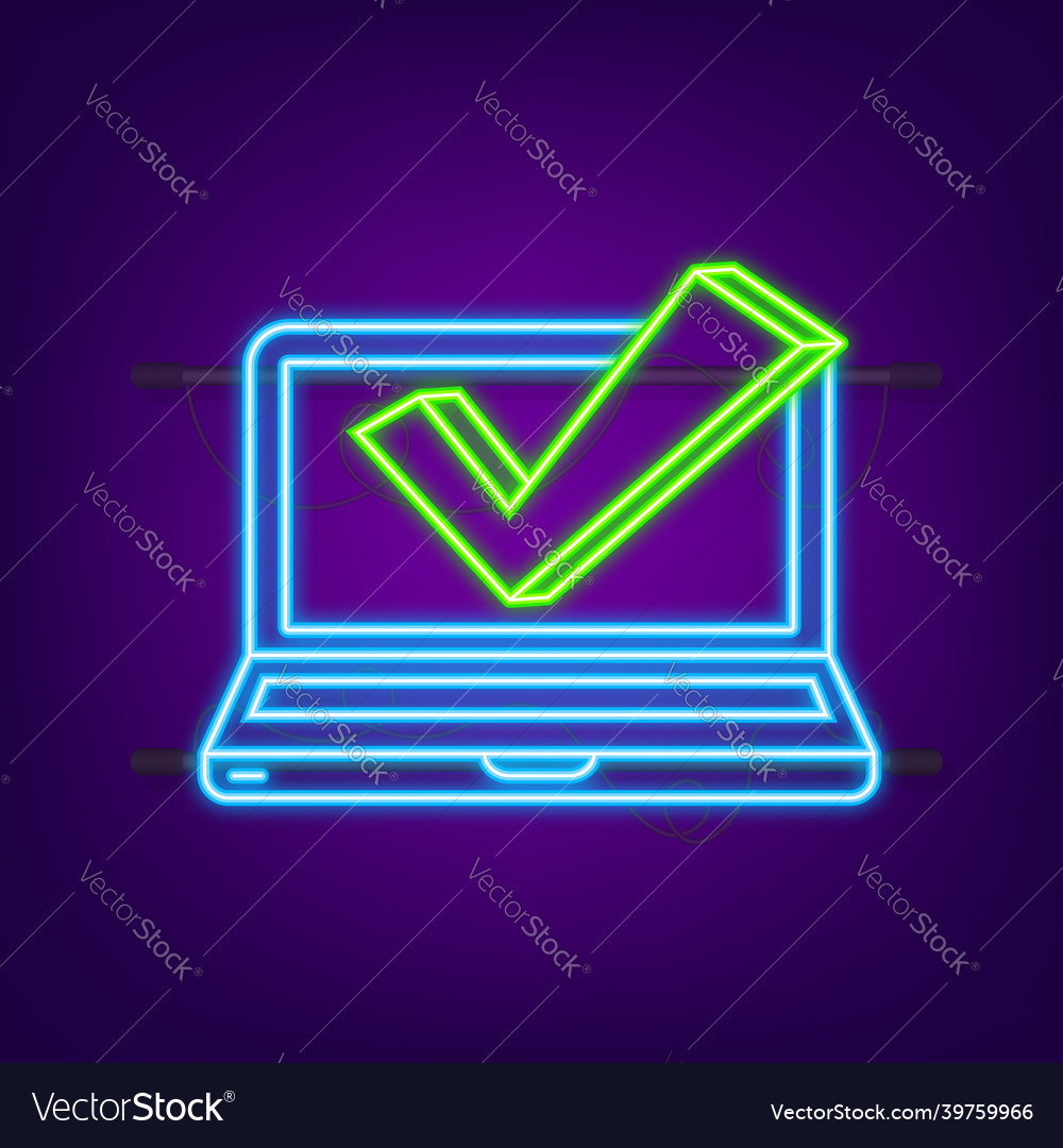 Computer with checkmark neon icon approved