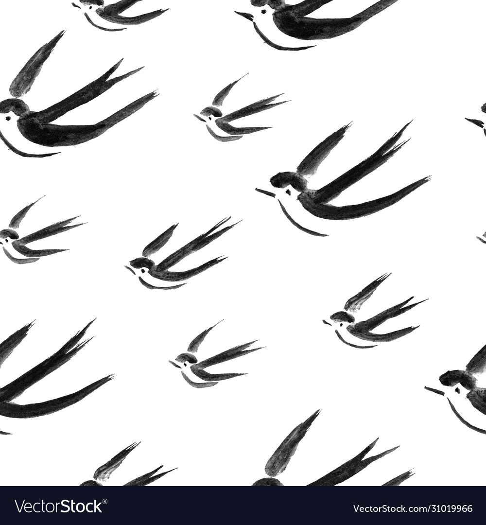 Hand-drawn watercolor seamless pattern with bird