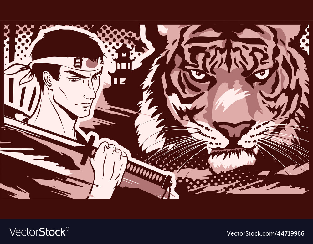 Samurai man and tiger in manga and anime style Vector Image Samurai man and tiger in manga and anime style Vector Image