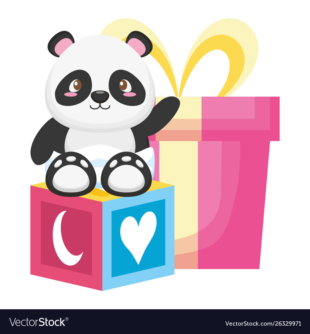 Cute little bear panda with block and gift vector image Cute little bear panda with block and gift
