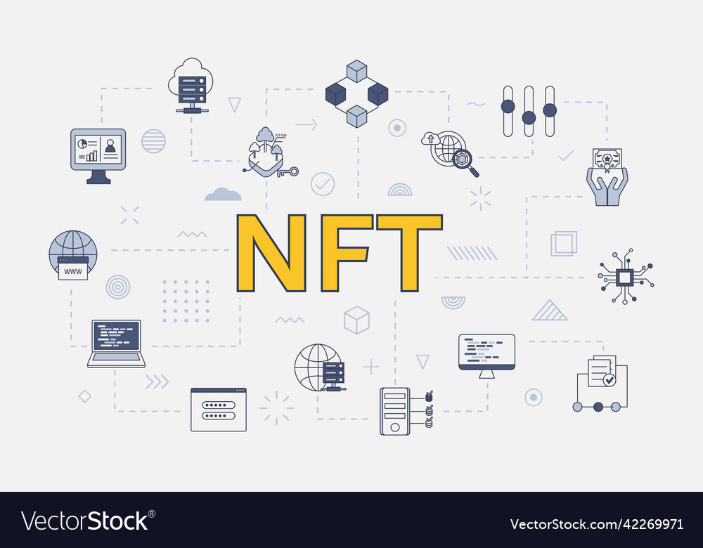 Nft non fungible token concept with icon set